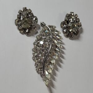 Silver Crystal Leaf Brooch and Earrings Set